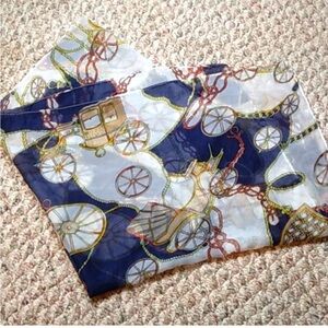 100% Silk Scarf with Horses and Carriage. Navy Blue and White with Gold Accents
